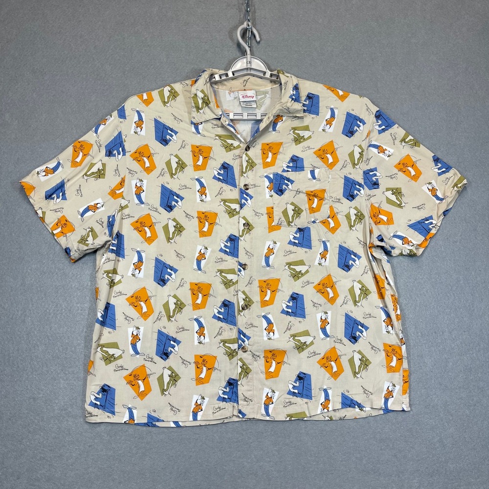 VTG Disney Store‎ Shirt Mens Large Beige Rayon Goofy Man Of The House Hawaiian